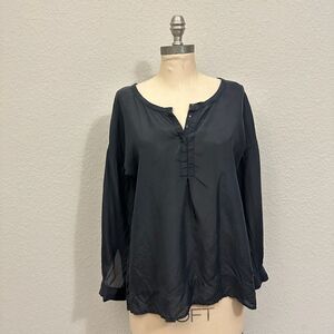 GO By GO SILK Top Black Silk Satin Long Sleeve Pleated Blouse Goth